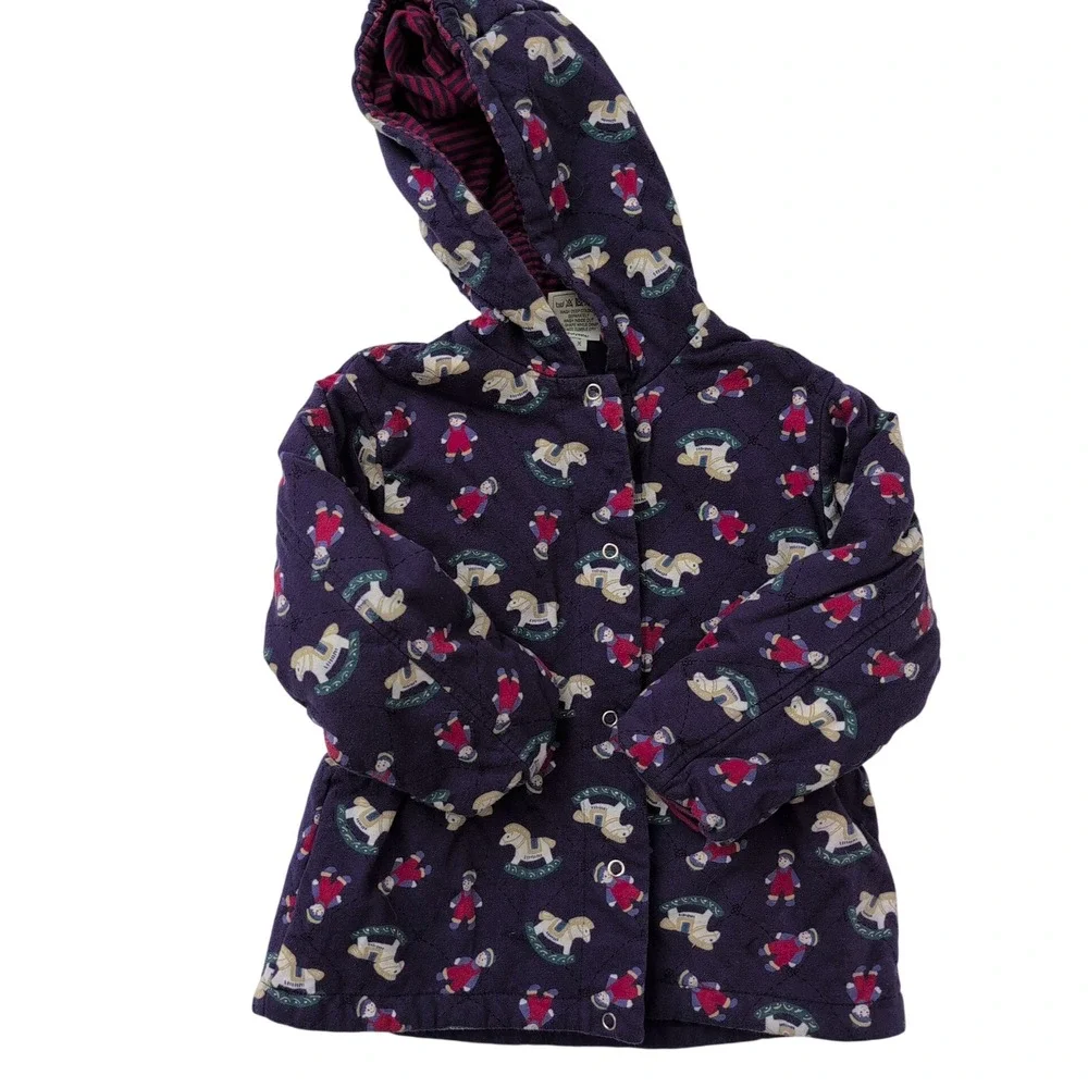 Vintage Laura Ashley Child Quilted Jacket Purple‎ Rocking Horse Girls Hood 2-2.5